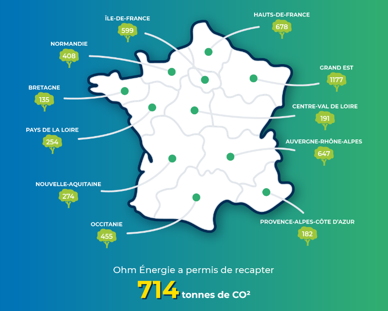 Carte de france où sont plantés des arbres par Reforest'Action