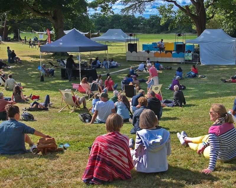 Des festivaliers dans l'herbe