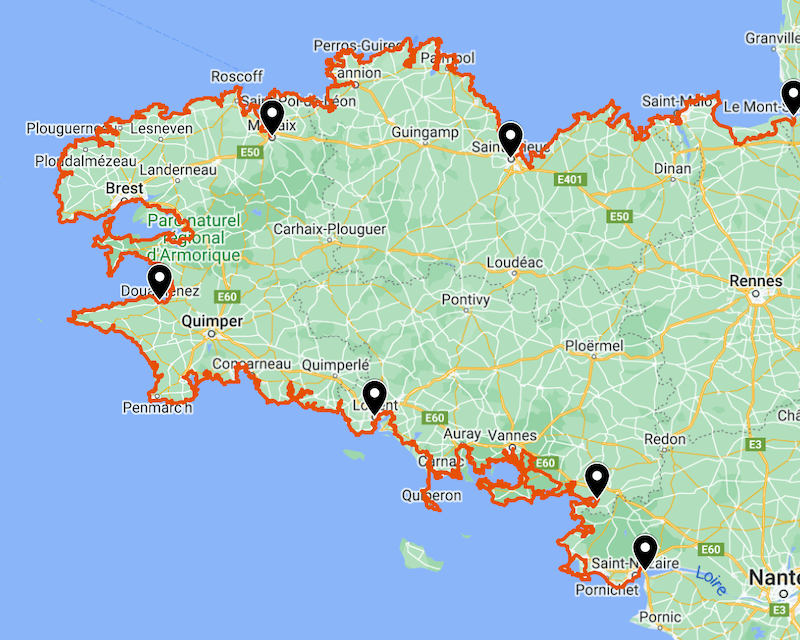 Carte avec l'itinéraire du GR 34 et les points d'étape