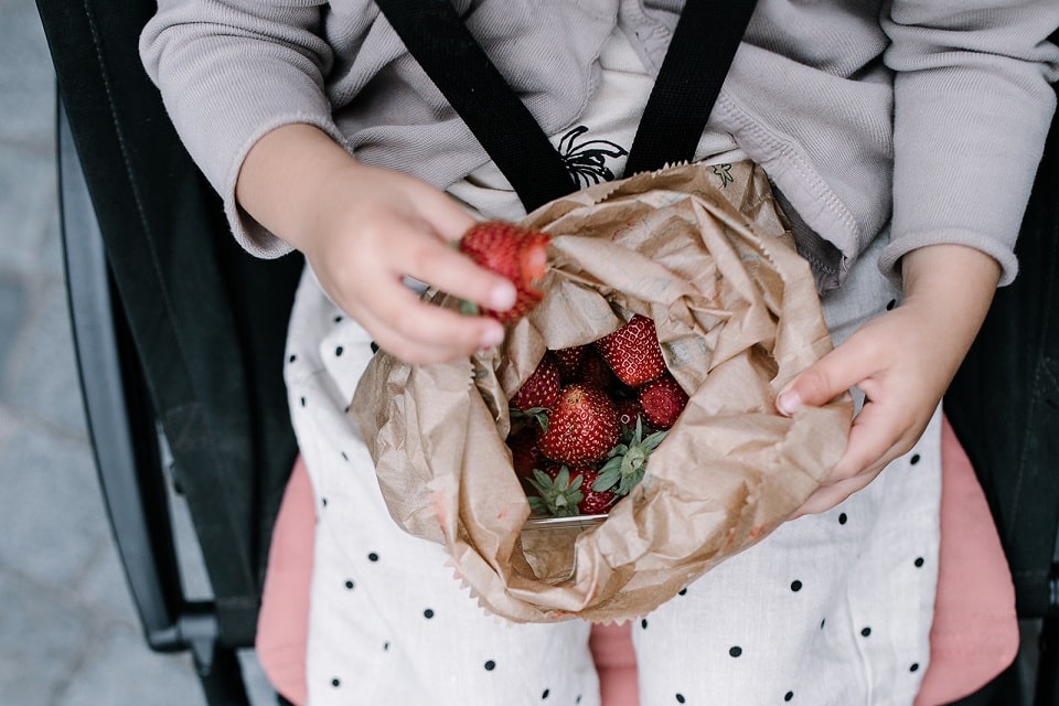 Un enfant tient des fraises de Plougastel