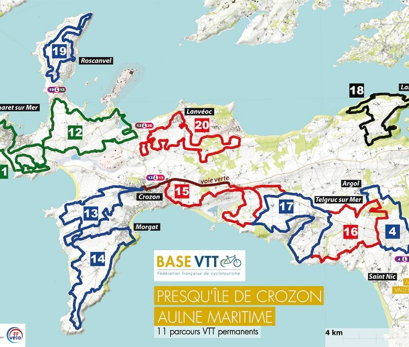 Carte des circuits VTT sur la Presqu'île de Crozon