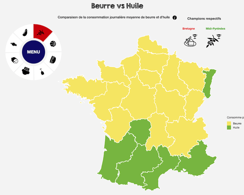 Carte de France de la cuisine au beurre ou à l'huile