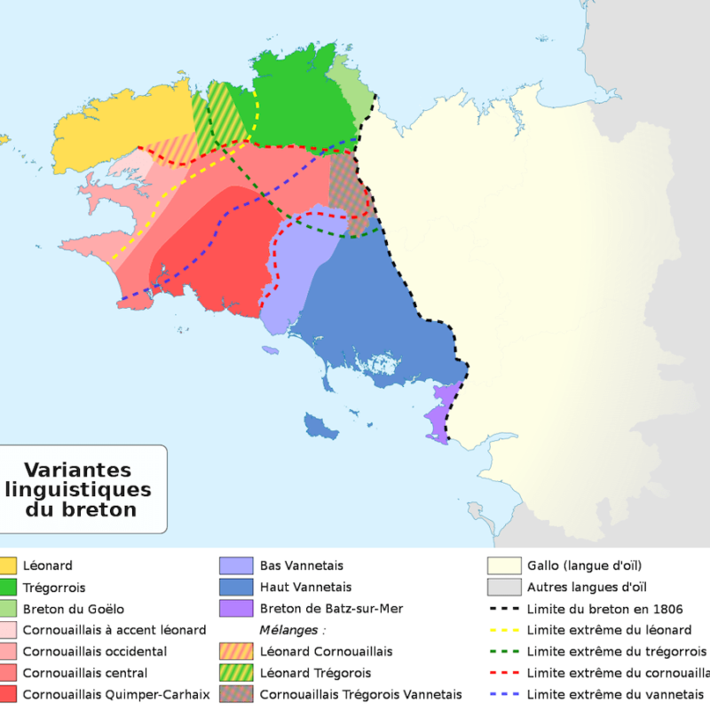 Carte des différentes dialectes bretons